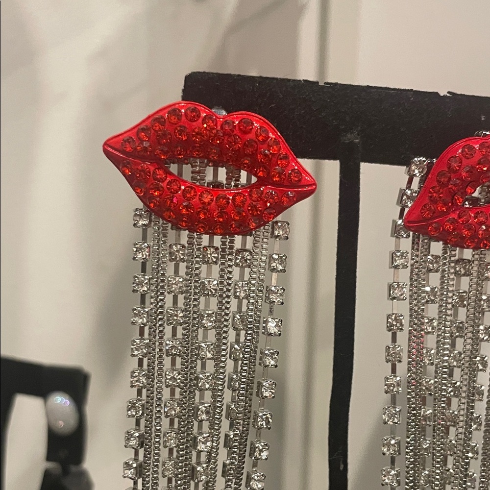 Red Lip Rhinestone Dangle Earrings - Picture 2 of 2